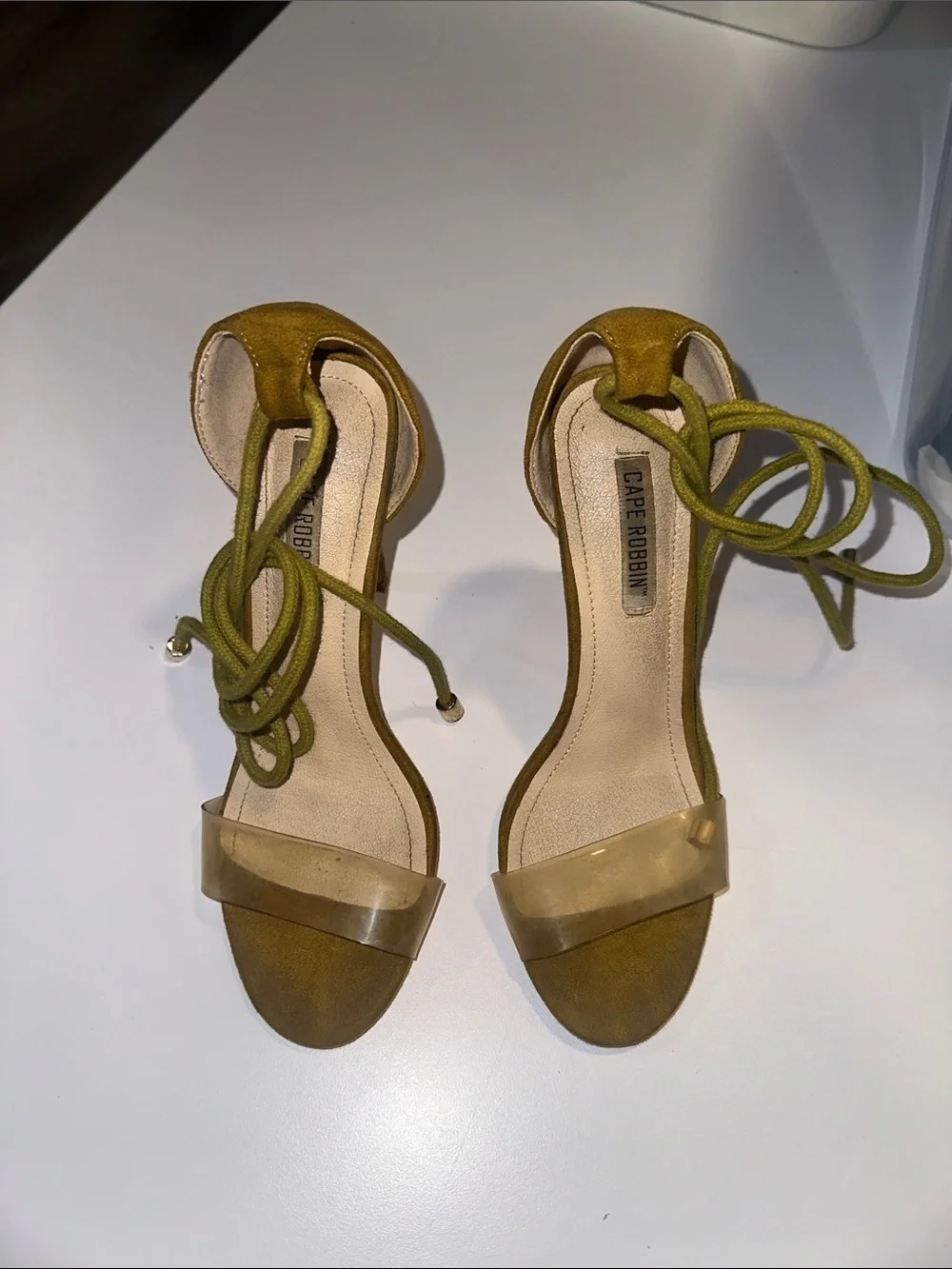 Cape Robbin Olive Lace-Up Suede Stiletto Sandals with Clear Strap